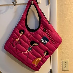 Mori Kukko puffer diagonal tote bag with girl figures-Modigliani-bright pink